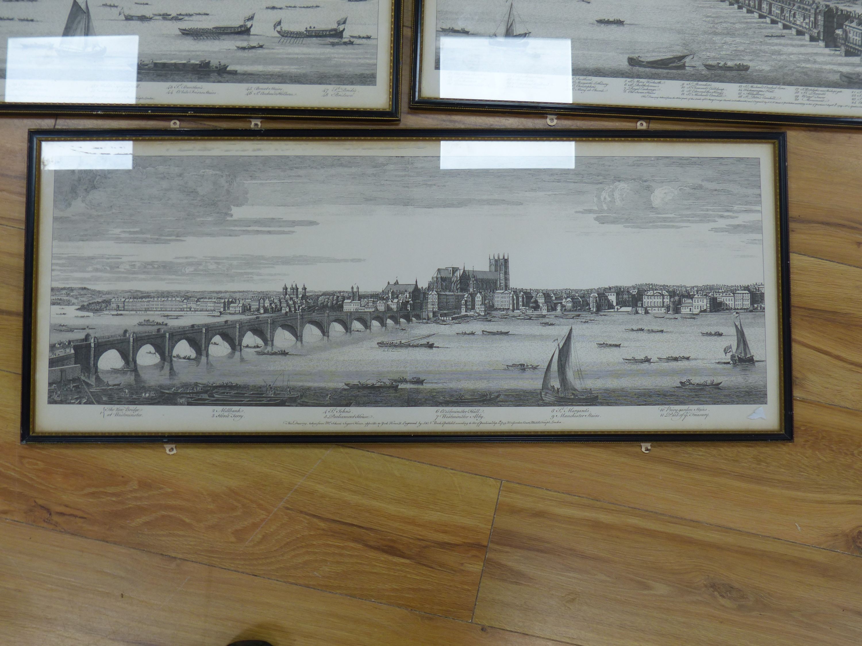 After S and N Buck, set of five reprints, Views along the River Thames in 1749, 32 x 82cm